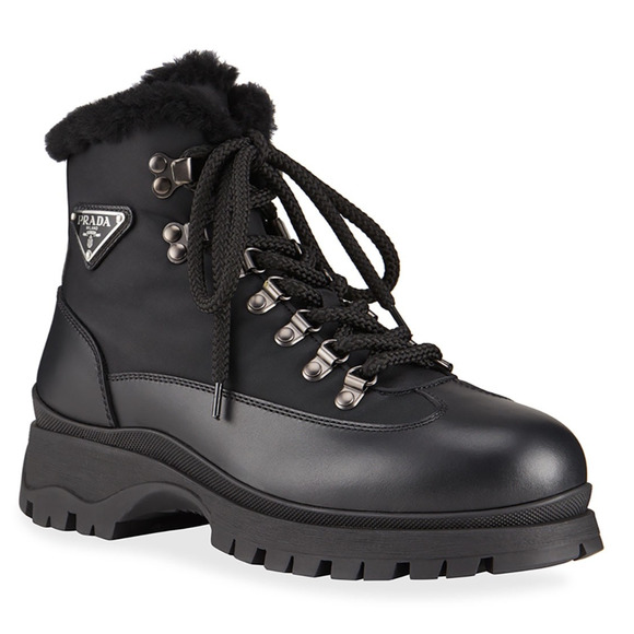 Prada Brixxen 38 Black Shearling Leather Nylon Lug Sole Lace Up Hiking Boot 40.5 - Picture 1 of 16